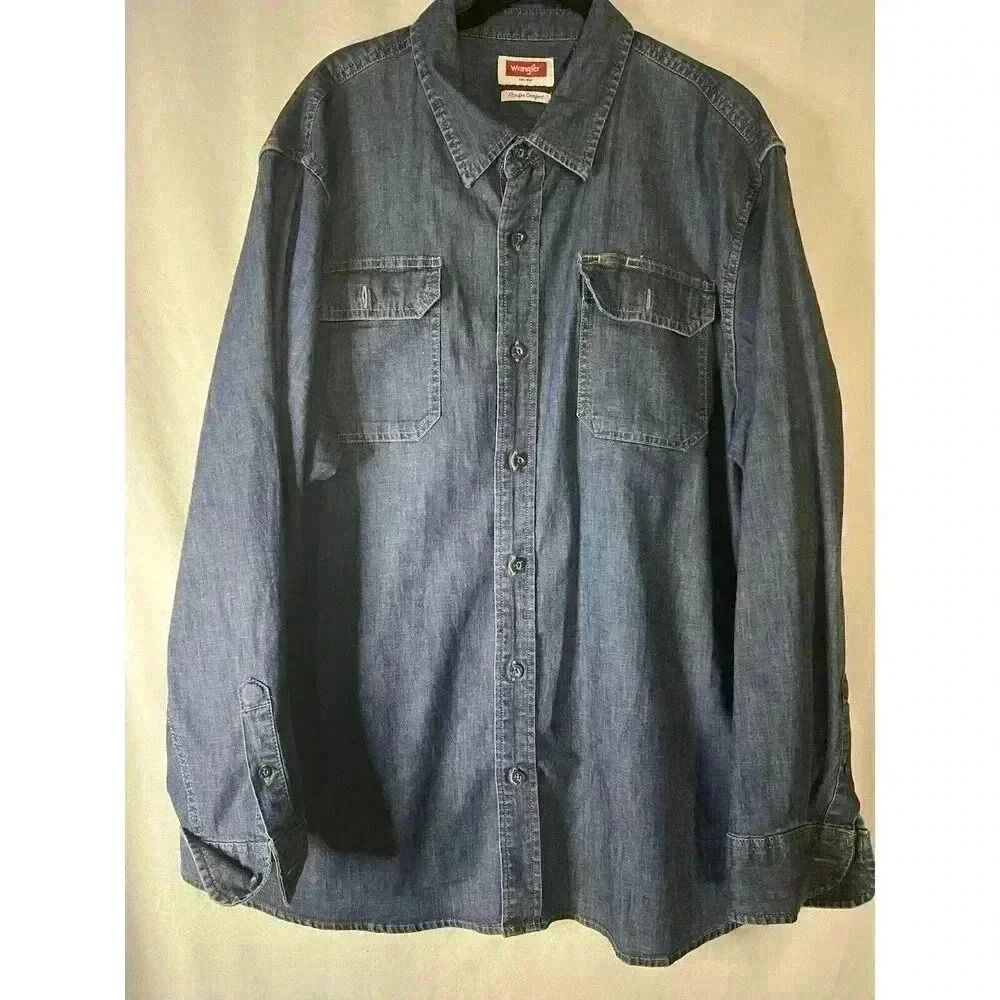 Wrangler Denim Shirt Flex Long Sleeve Casual Button Up Blue Jean Men's XL Pockts